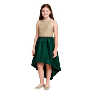 Rare Editions Dress Gold Lace Top Green Satin Hi Low Hem Girls 16 Holiday Formal